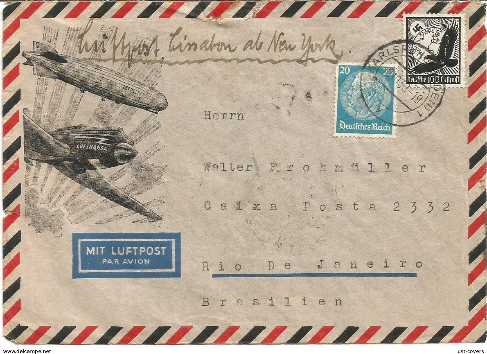 Germany Scott # 424 And C54 Tied To Cachet Cover By Karlsruhe CDS Oct 9 1939 See Description ............Box 10 - Cartas & Documentos