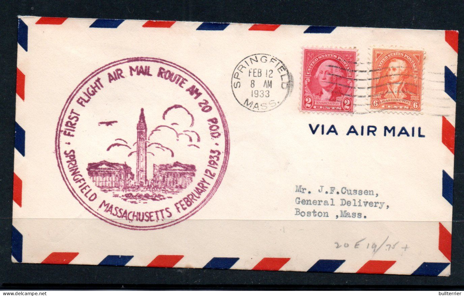 USA - 30 -- Cam 20 Flight Cover ToSpringfield  Via Boston To Albany  Flight - 1c. 1918-1940 Storia Postale