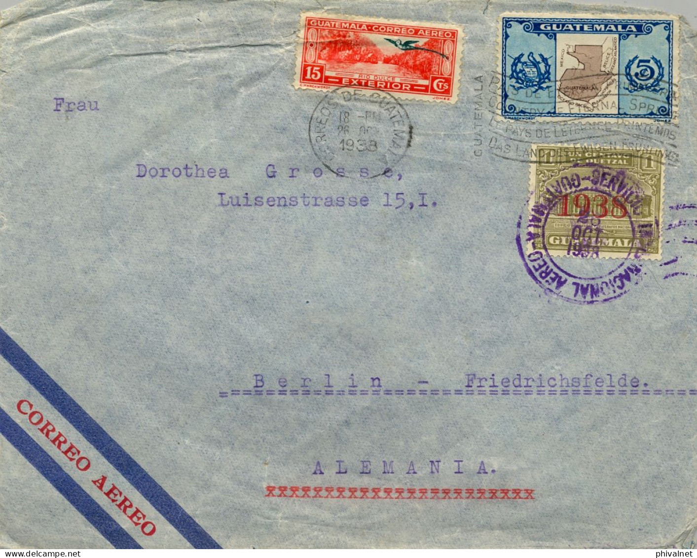 1938 GUATEMALA - BERLIN , SOBRE CIRCULADO , CORREO AÉREO , YV. 298B , 303 , 44 AÉREOS - Guatemala