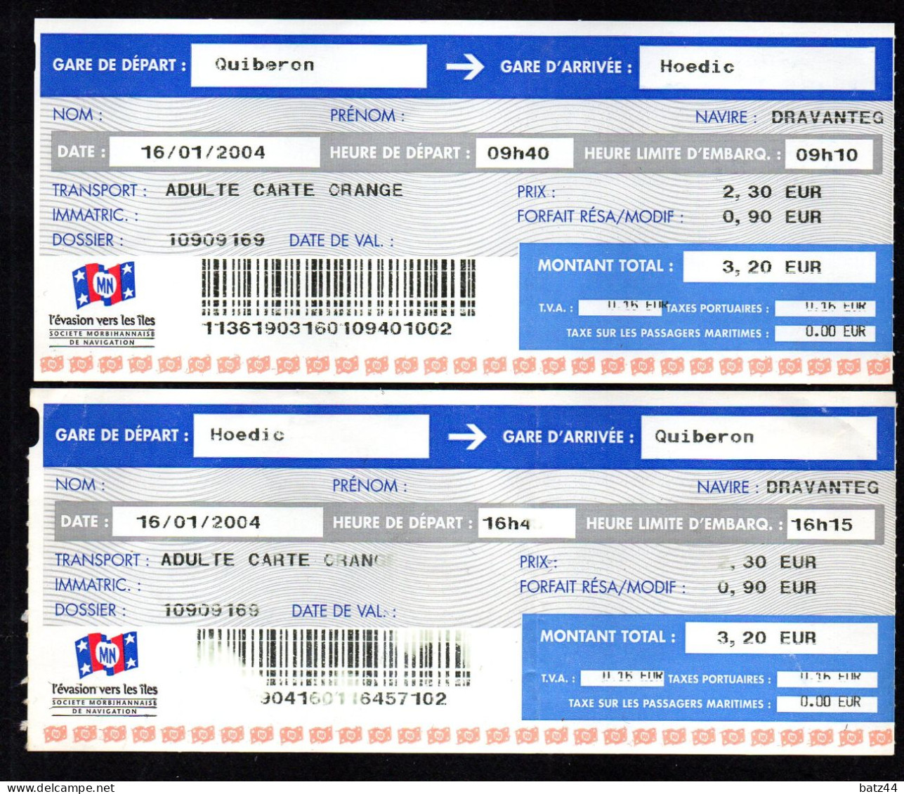 2 Billet Ticket Traversée Quiberon île D'Hoëdic Navire Dravanteg 16 01 2004 - Europe