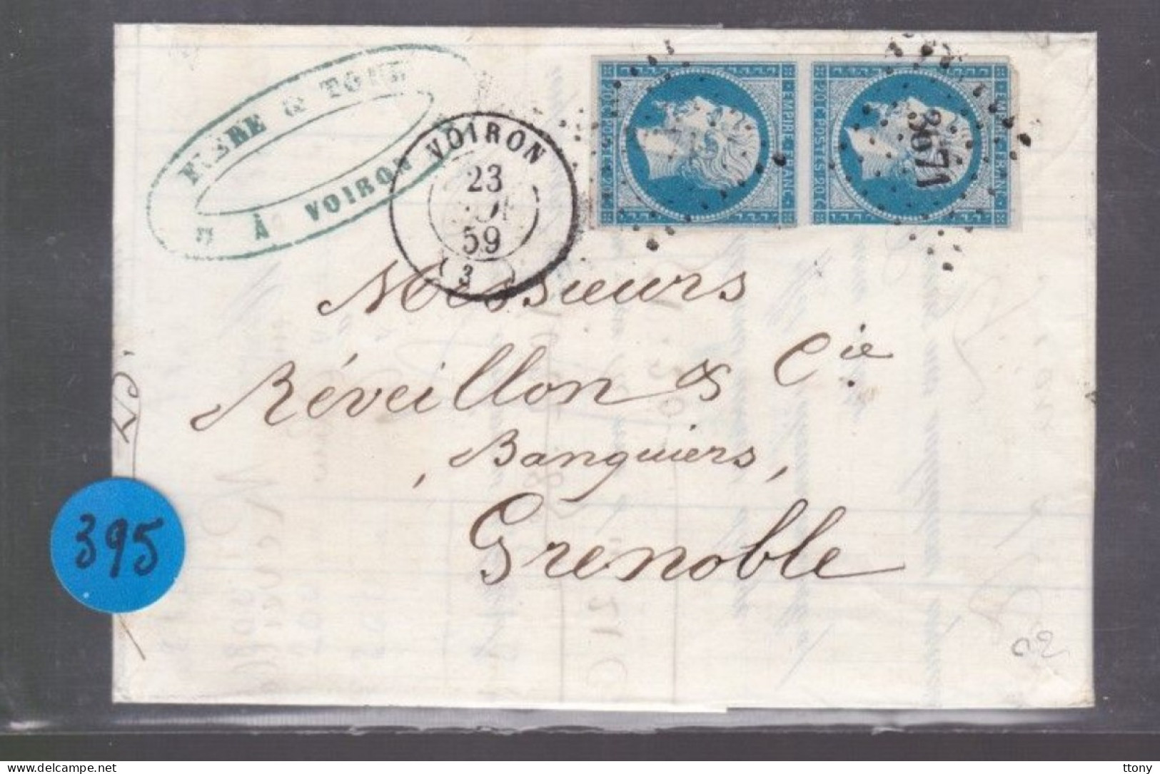 Une Paire    Timbres  Napoléon III   N° 14  20 C Bleu   Sur Lettre   1859  Destination Grenoble  Pc 3671 - 1853-1860 Napoléon III.