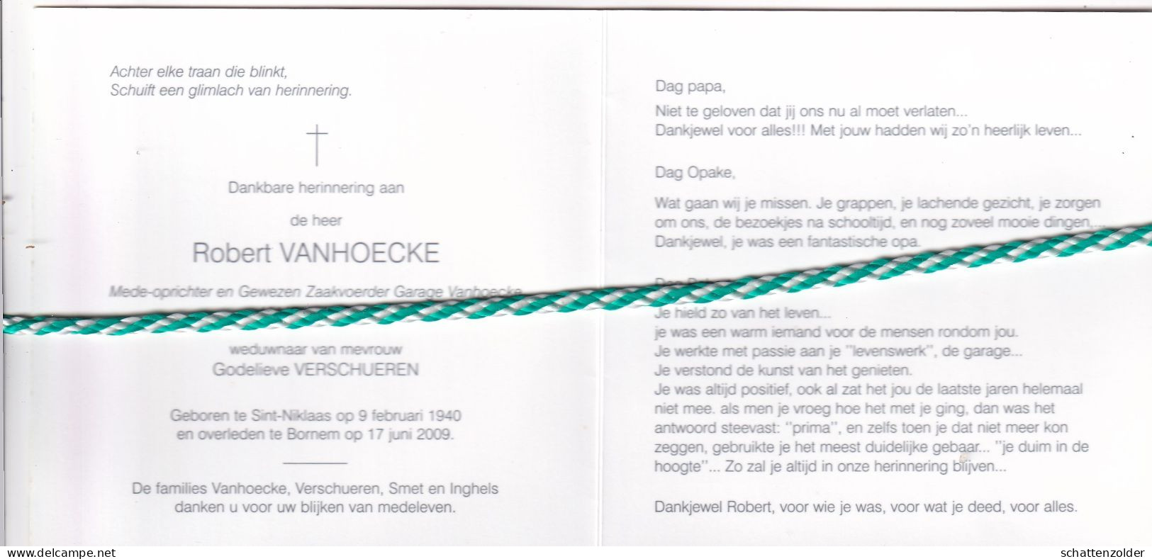 Robert Vanhoecke-Verschueren, Sint-Niklaas 1940, Bornem 2009. Garage Vanhoecke; Foto - Esquela