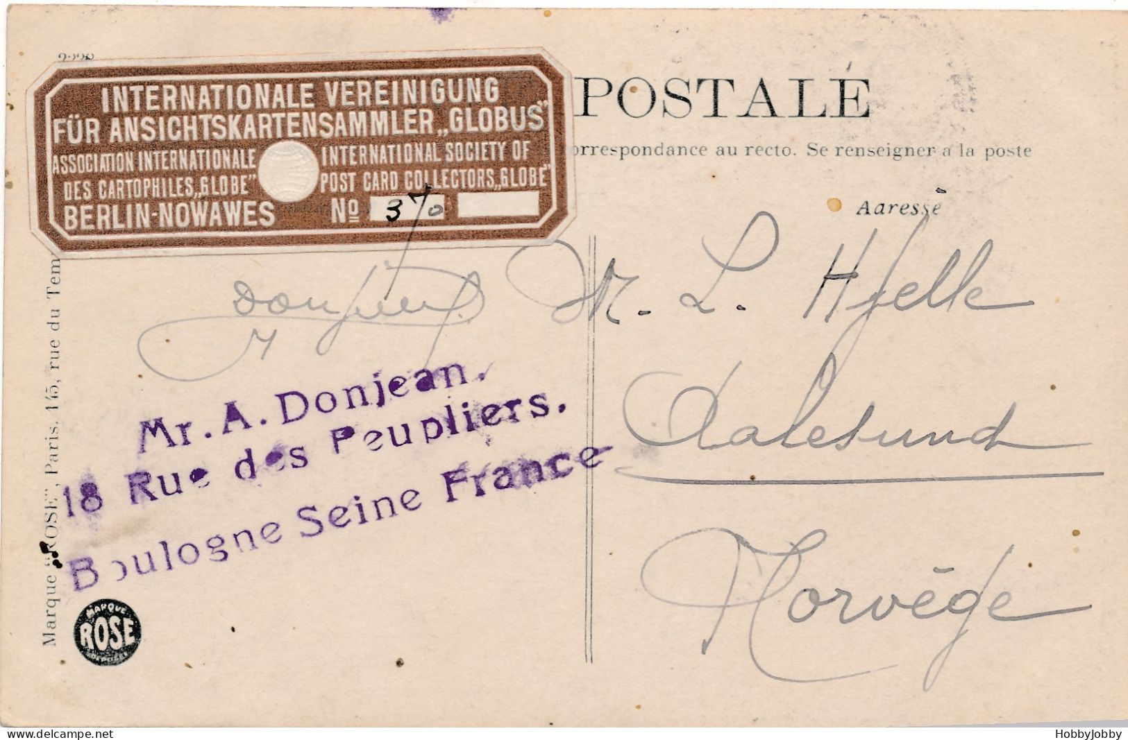 Paris - PostCard From International Club For P.P.-Exchange Member No. 370(!) Very Early!  Nome "Globus" - Ile-de-France