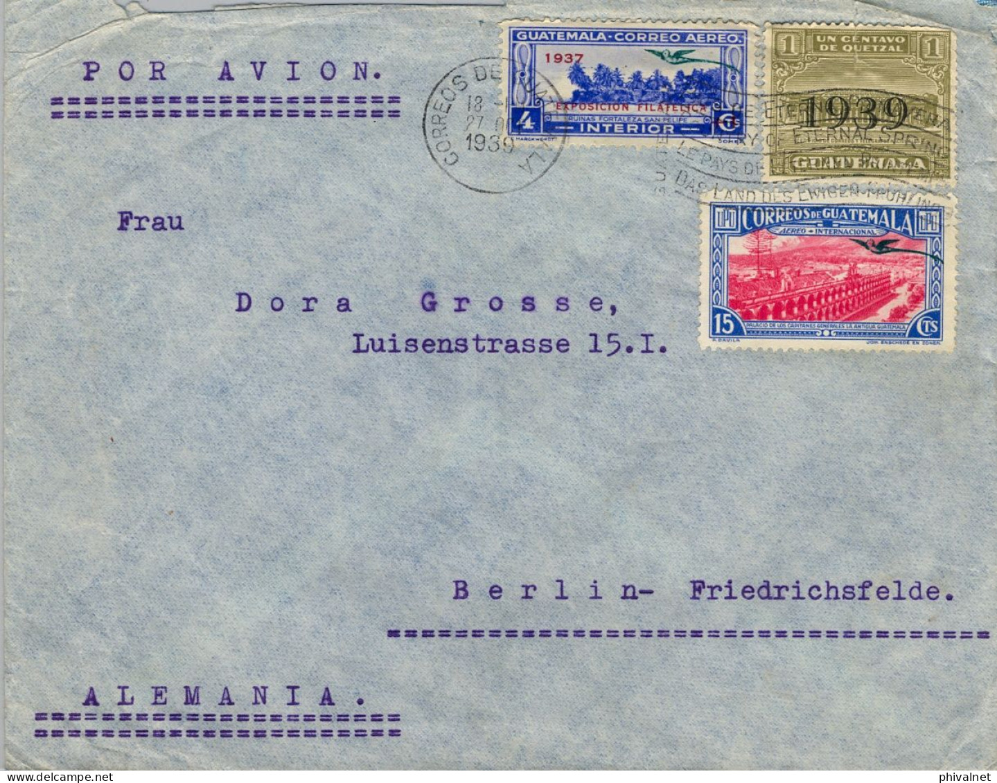 1939 GUATEMALA - BERLIN , SOBRE CIRCULADO , CORREO AÉREO , YV. 298B , 54 , 120  AÉREOS - Guatemala