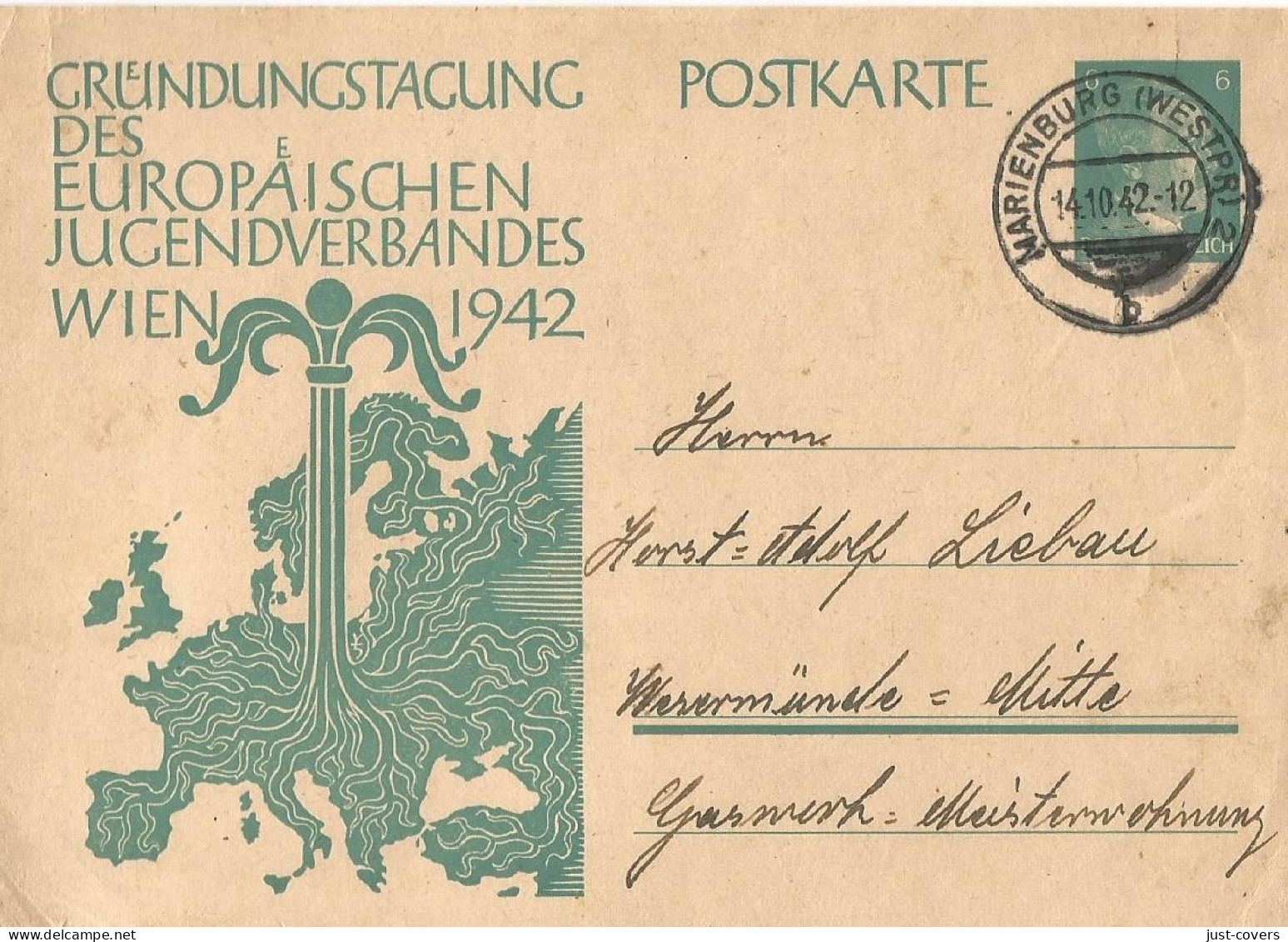 Germany Scott 6pf Cachet Postal Card With Marienburg Oct 14 1942 CDS See Desc ............Box 10 - Cartas & Documentos