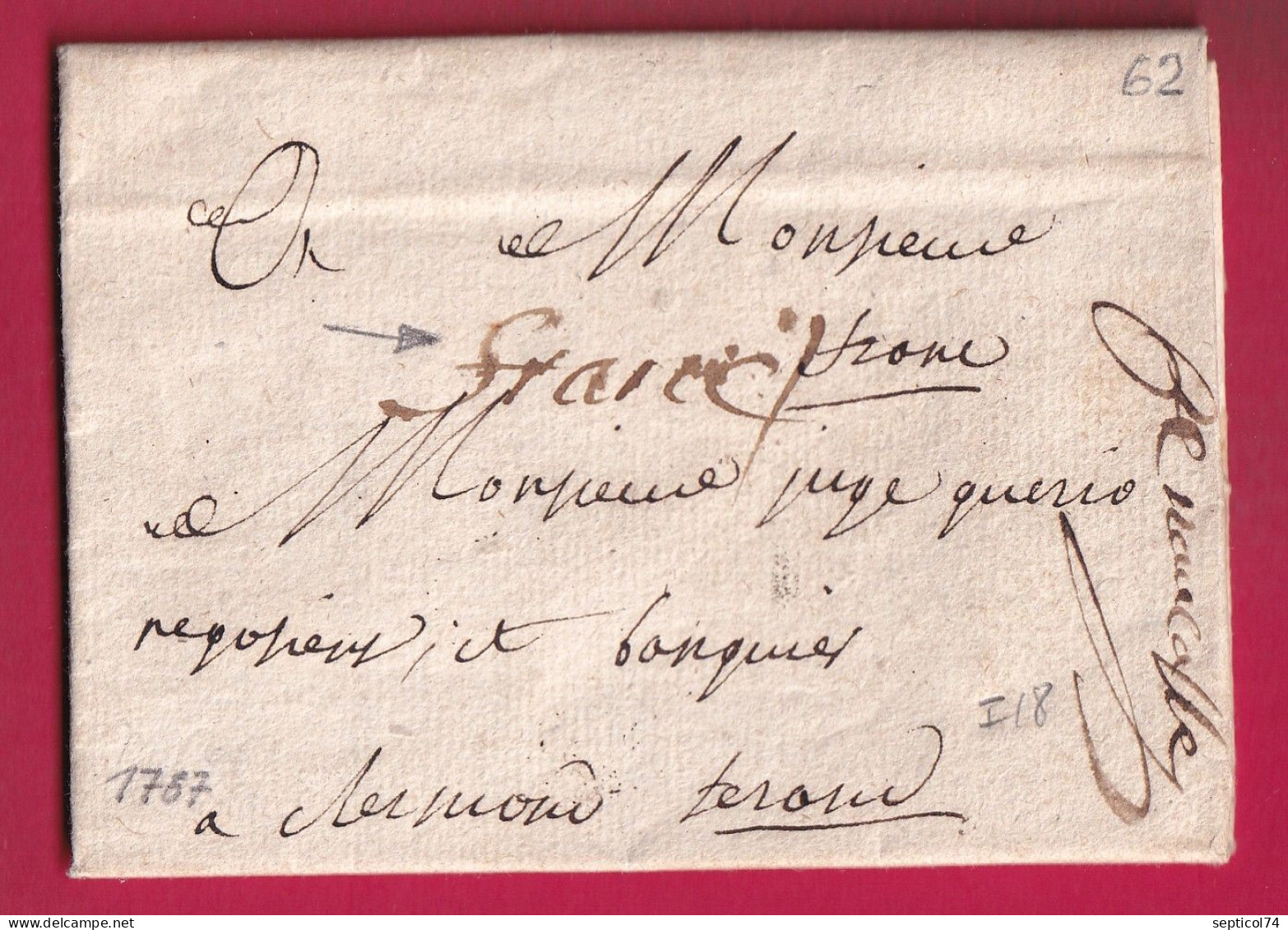 MARQUE FRANCHE DE CLERMONT FERRAND PUY DE DOME POUR CLERMONT RARE PORT LOCAL DE 1787 TAXE 1/2 AU DOS LETTRE - 1701-1800: Vorläufer XVIII