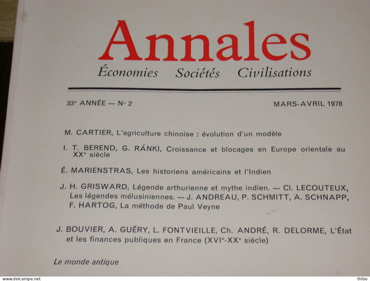 Revue "Annales" Economies Sociétés Civilisations. Mars-Avril 1978 - Unclassified