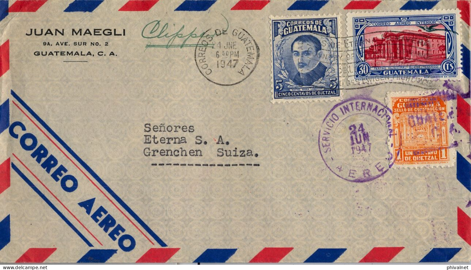 1947 GUATEMALA - GRENCHEN , SOBRE CIRCULADO , CORREO AÉREO VIA CLIPPER , SERVICIO INTERNACIONAL - Guatemala
