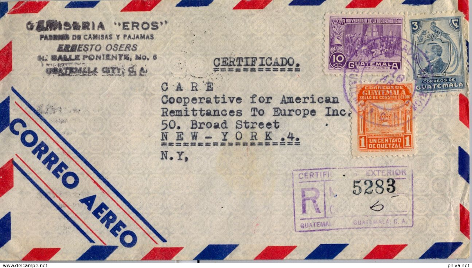 1947 GUATEMALA - NEW YORK , SOBRE CERTIFICADO , CORREO AÉREO , LLEGADA  AL DORSO - Guatemala