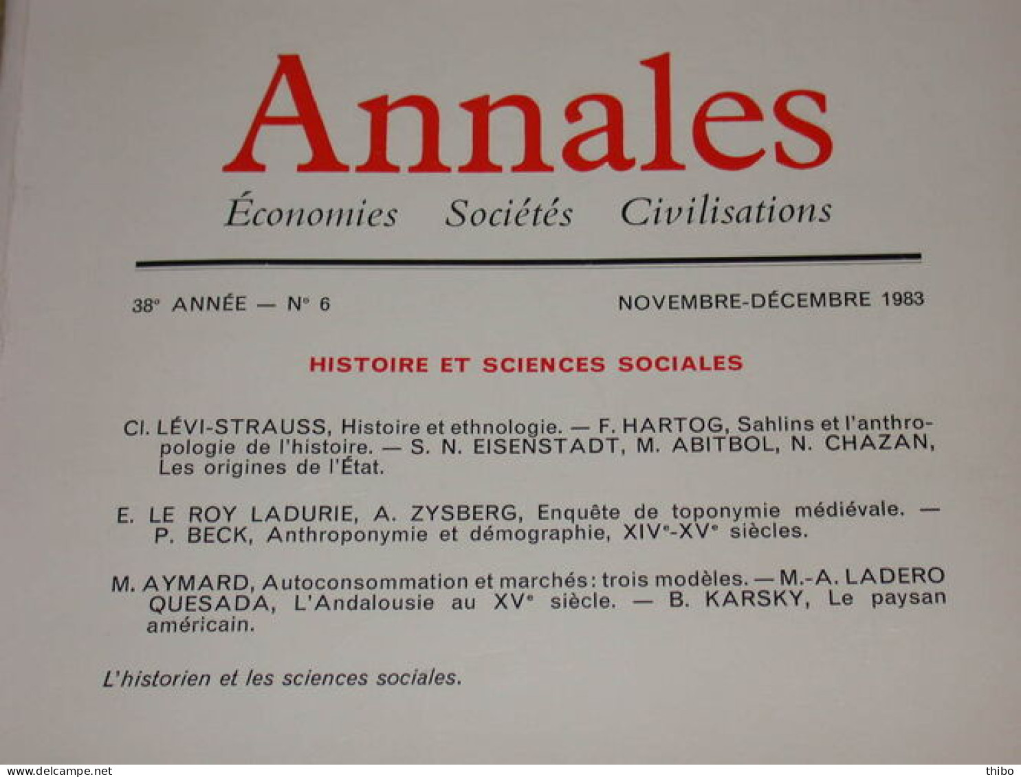 Revue "Annales" Economies Sociétés Civilisations. Novembre-Décembre 1983 - Non Classés
