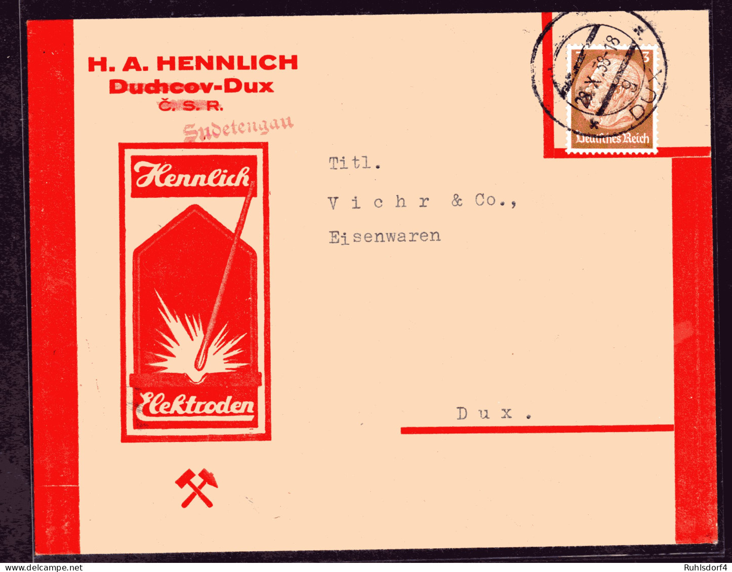 DR, Reklame-Brief, Elektroden, Hennlich, Duchov-Dux, "Sudetengau". - Storia Postale