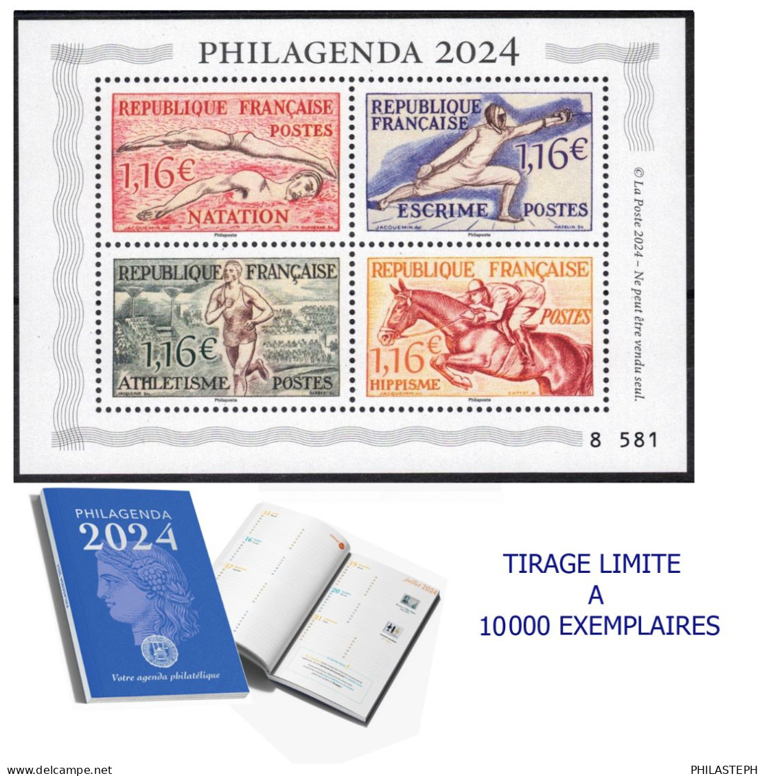 FRANCE  2023 - TIRAGE  EPUISE - PHILAGENDA 2024 Avec Son Bloc Spécial Sport Numéroté De 4 Timbres N° 8581 - Neuf ** - Mint/Hinged