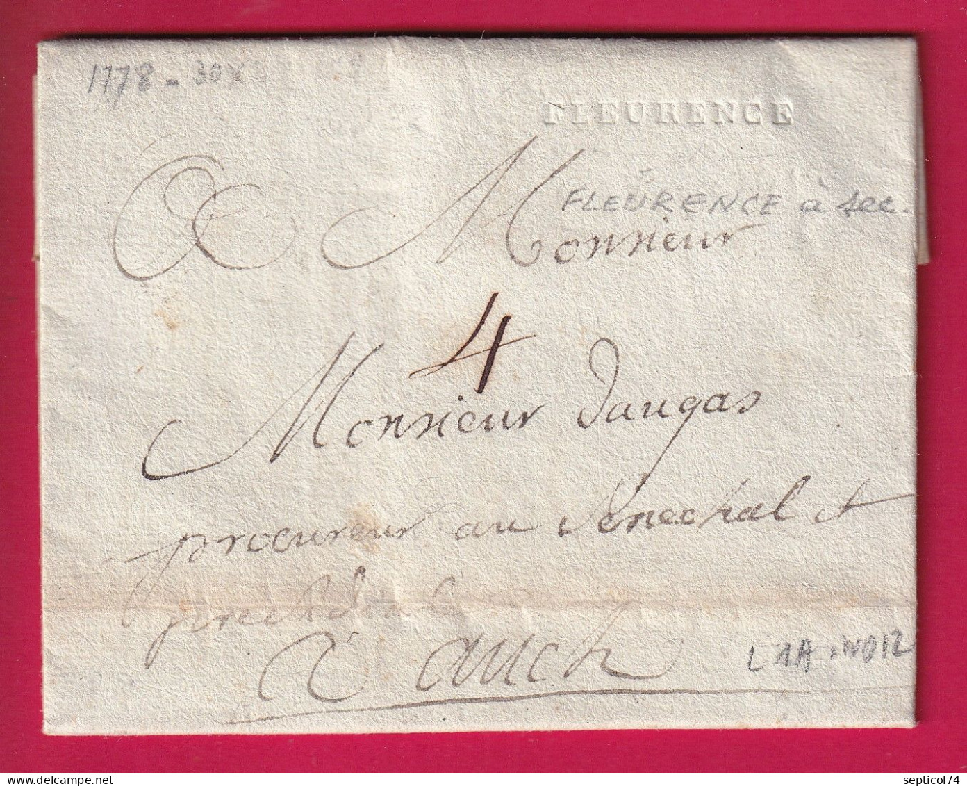 MARQUE A SEC FLEURANCE GERS 1778 FLEURENCE LN°1A INDICE 12 POUR AUCH LETTRE - 1701-1800: Vorläufer XVIII