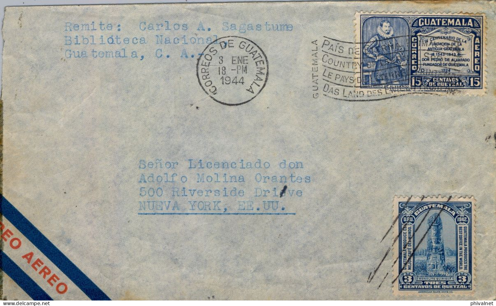 1944 GUATEMALA - NEW YORK , SOBRE CIRCULADO , CORREO AÉREO , PEDRO ALVARADO , CAFÉ - Guatemala