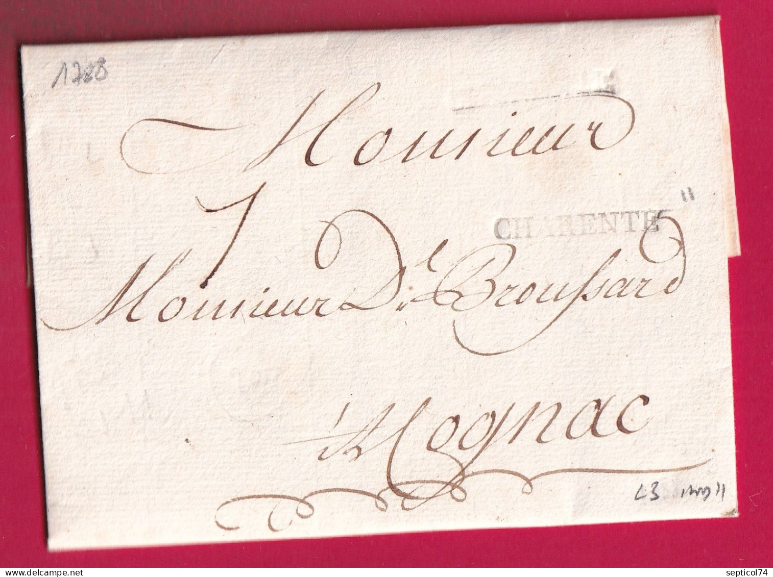 MARQUE CHARENTE 1788 LN°3 POUR COGNAC INDICE 11 CHARENTE INFERIEURE LETTRE - 1701-1800: Precursori XVIII