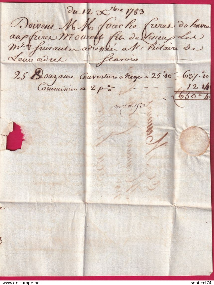 MARQUE LISIEUX CALVADOS 1783 LN°5A INDICE 11 POUR LE HAVRE LETTRE - 1701-1800: Vorläufer XVIII