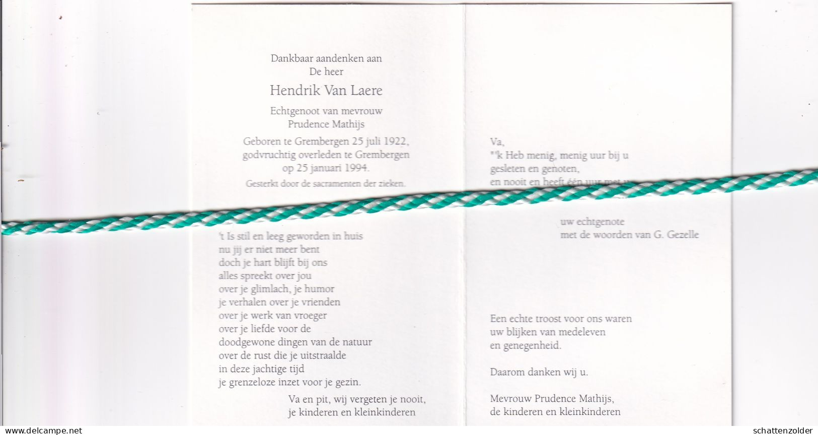 Hendrik Van Laere-Mathijs, Grembergen 1922, 1994. - Avvisi Di Necrologio