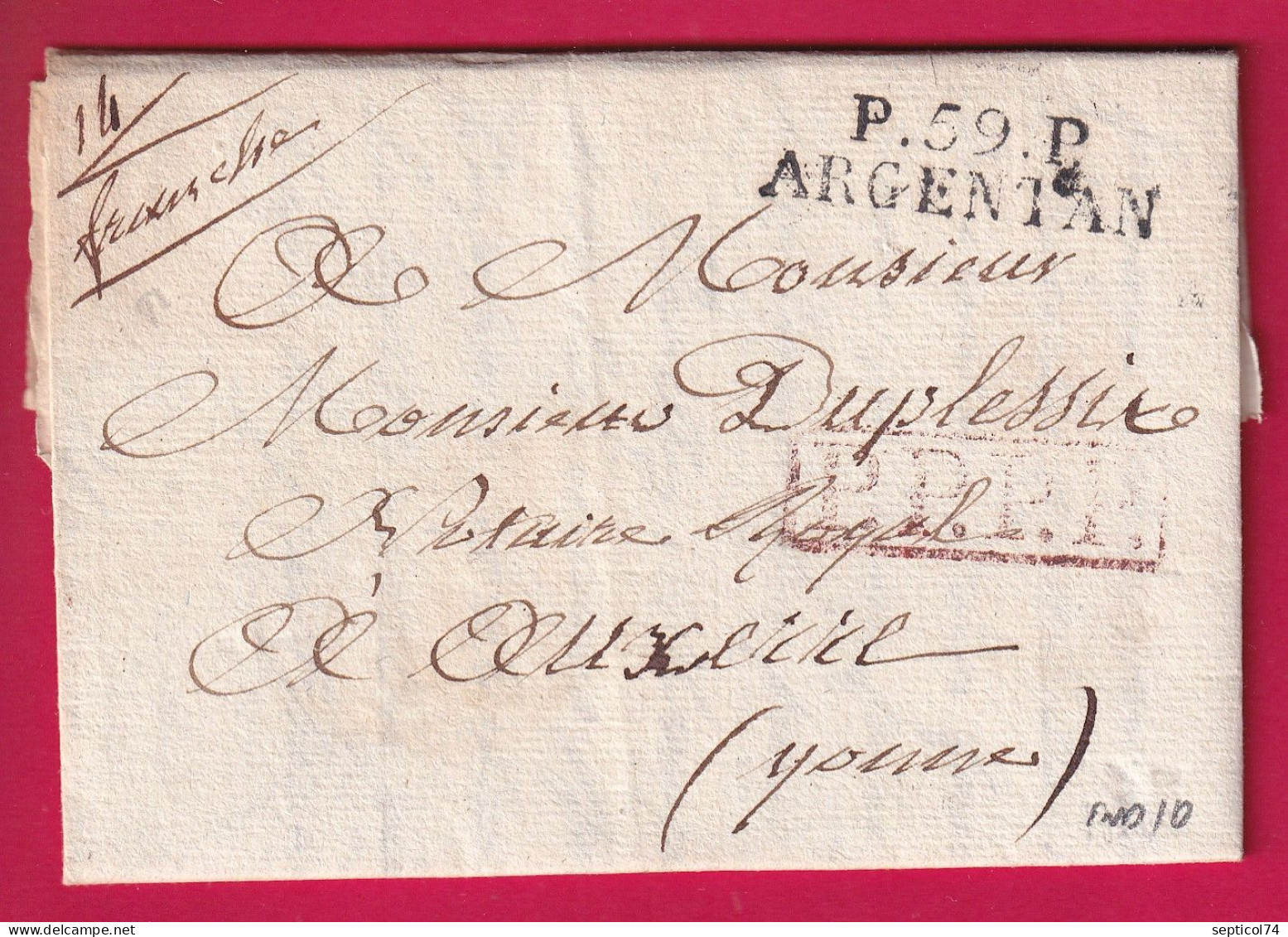 MARQUE P59P ARGENTAN ORNE 1821 INDICE 10 POUR AUXERRE YONNE LETTRE - 1801-1848: Precursors XIX