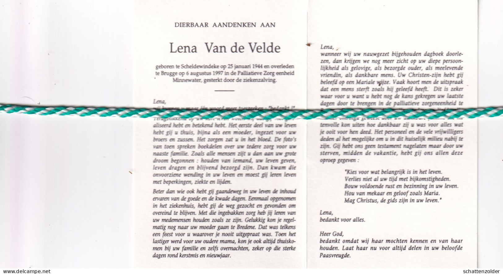 Lena Van De Velde, Scheldewindeke 1944, Brugge 1997. Foto - Décès