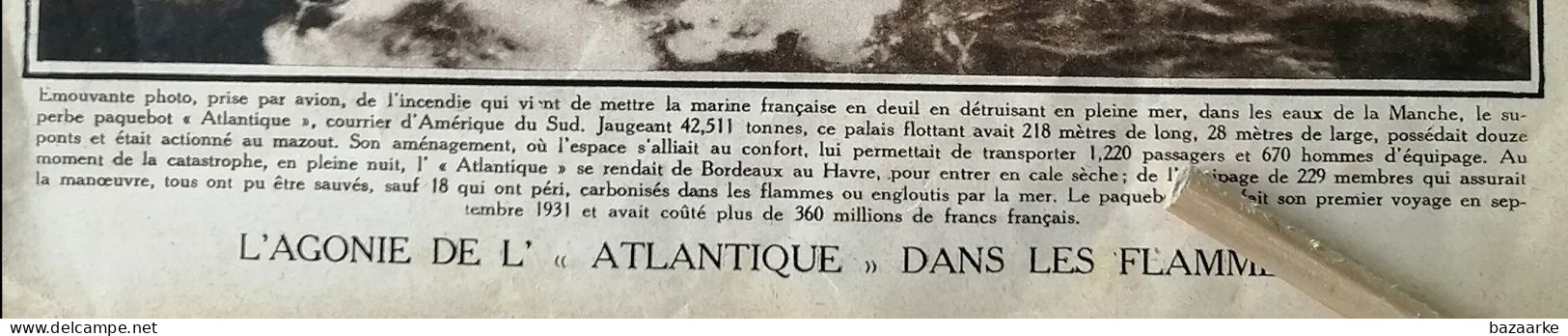 NAVIGATION 1933 / LE TRAGIQUE INCENDIE DE L ' "ATLANTIQUE " - Unclassified