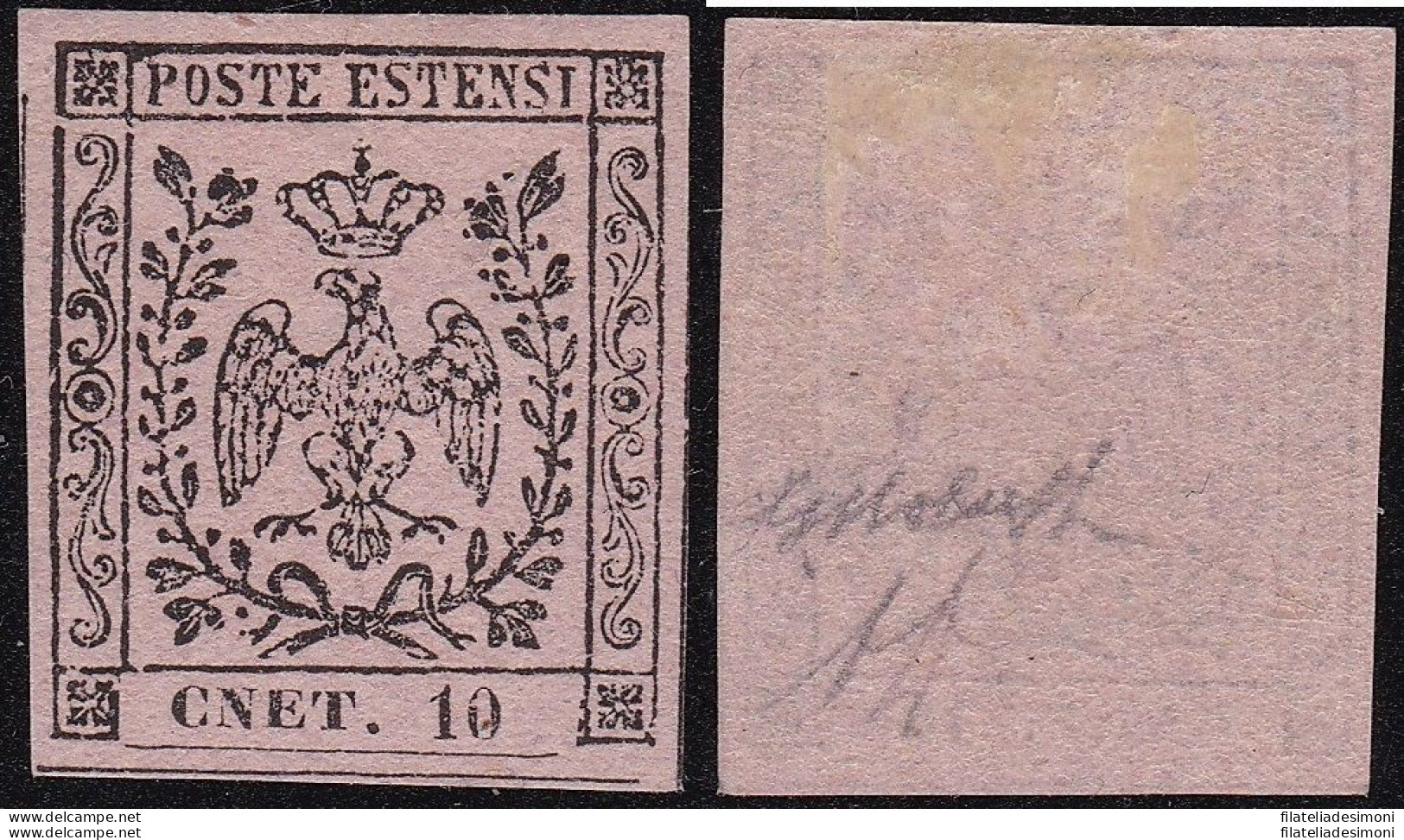1854 MODENA, N° 9f 10 Cent. Rosa MLH/*  Firma Bolaffi VARIETA' - Modena