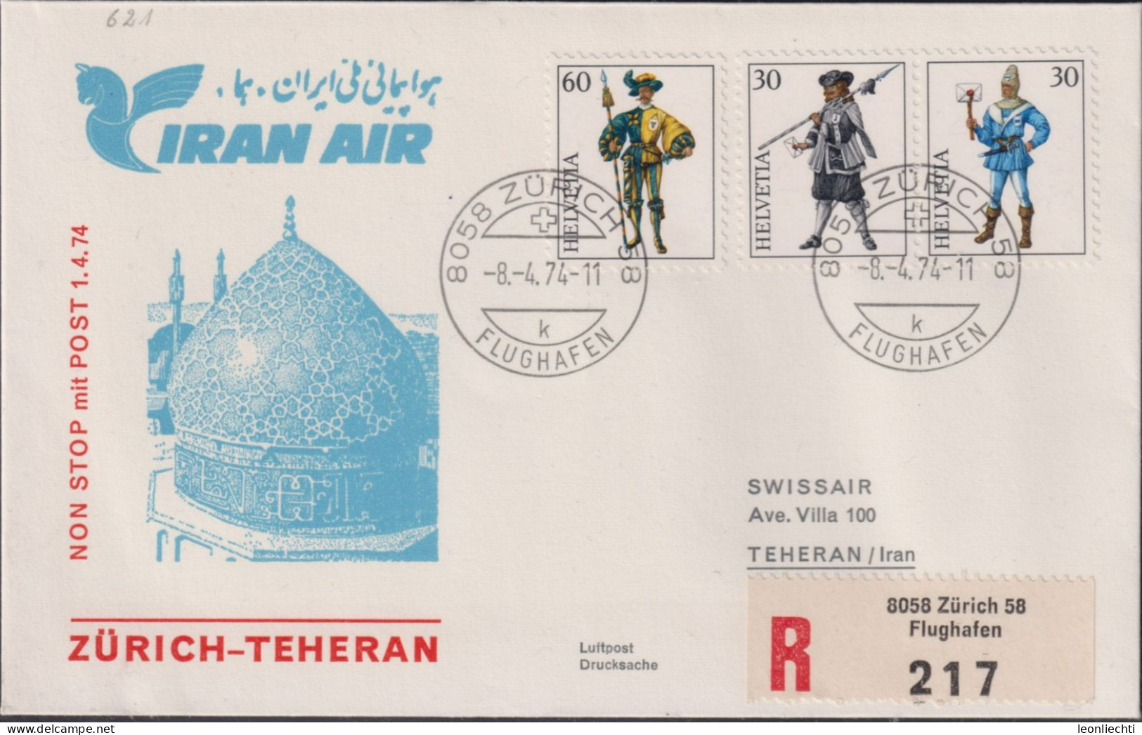 1974 IRAN AIR, Zürich-Teheran R Brief, Zum:CH W46+W47+W48, Mi:CH 1020+1021+1022, Basel-Zug-Uri. - Eerste Vluchten