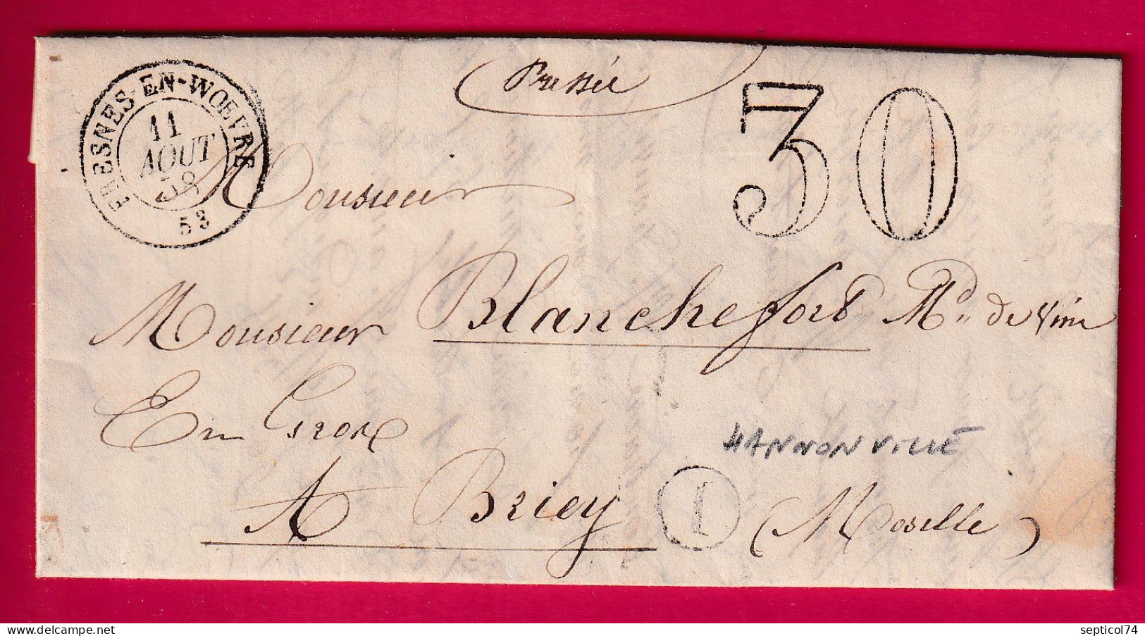 CAD TYPE 15 FRESNES EN WOEUVRE MEUSE BOITE RURALE I HANNONVILLE POUR BRIEY MOSELLE LETTRE - 1801-1848: Precursors XIX