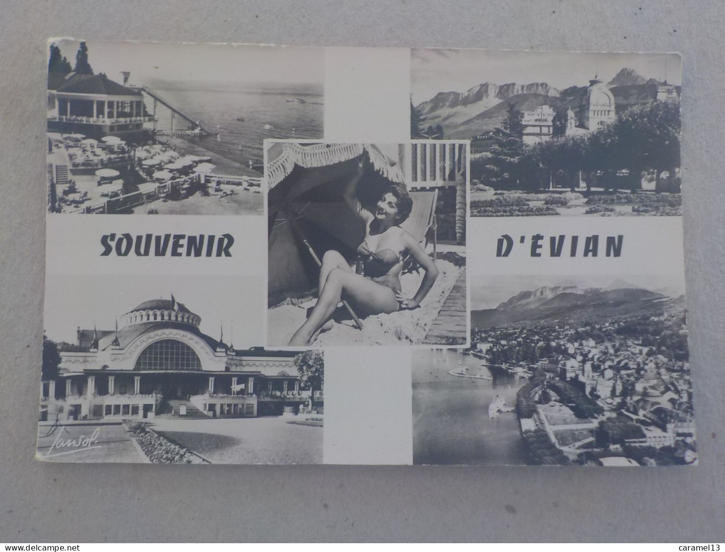 CPSM -  AU PLUS RAPIDE - LAC D ANNECY -  SOUVENIR D EVIAN -  VOYAGEE  TIMBREE 1957 - FORMAT CPA - Evian-les-Bains
