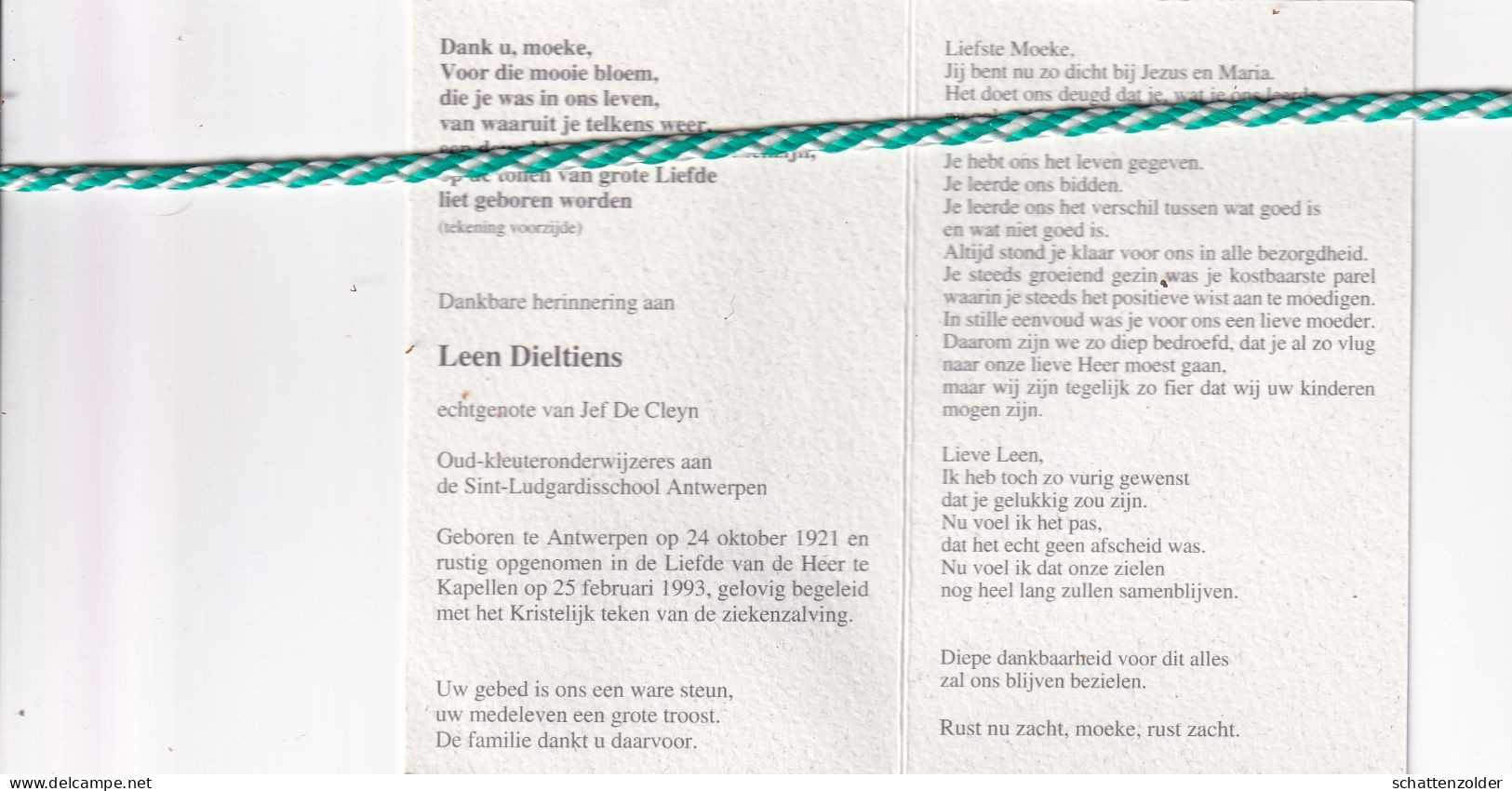 Leen Dieltiens-De Cleyn, Antwerpen 1921, Kapellen 1993. Kleuteronderwijzeres Sint-Lutgardisschool Antwerpen O.r. - Esquela