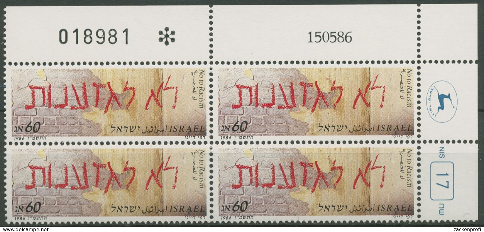 Israel 1986 Kampf Gegen Rassismus 1041 Plattenblock Postfrisch (C61818) - Unused Stamps (without Tabs)