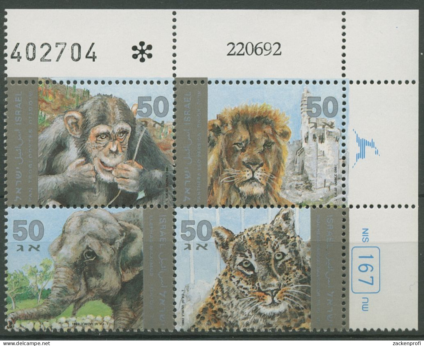 Israel 1992 Zootiere Elefant Schimpanse 1240/43 Plattenblock Postfrisch (C61906) - Ungebraucht (ohne Tabs)