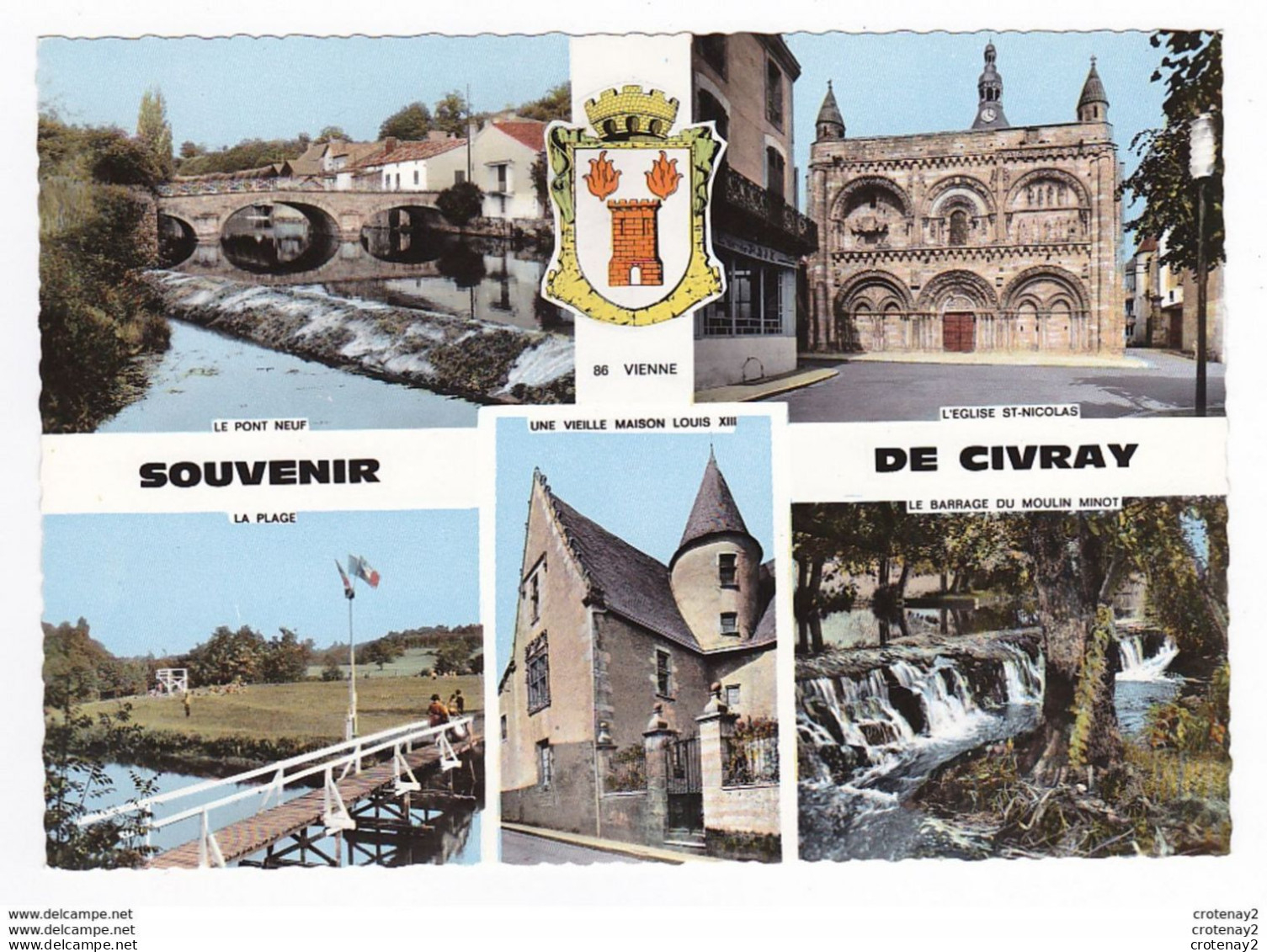 86 CIVRAY N°1 Multivues Et Blason Pont Neuf Eglise St Nicolas Plage Plongeoir Barrage Moulin Minot VOIR DOS - Civray