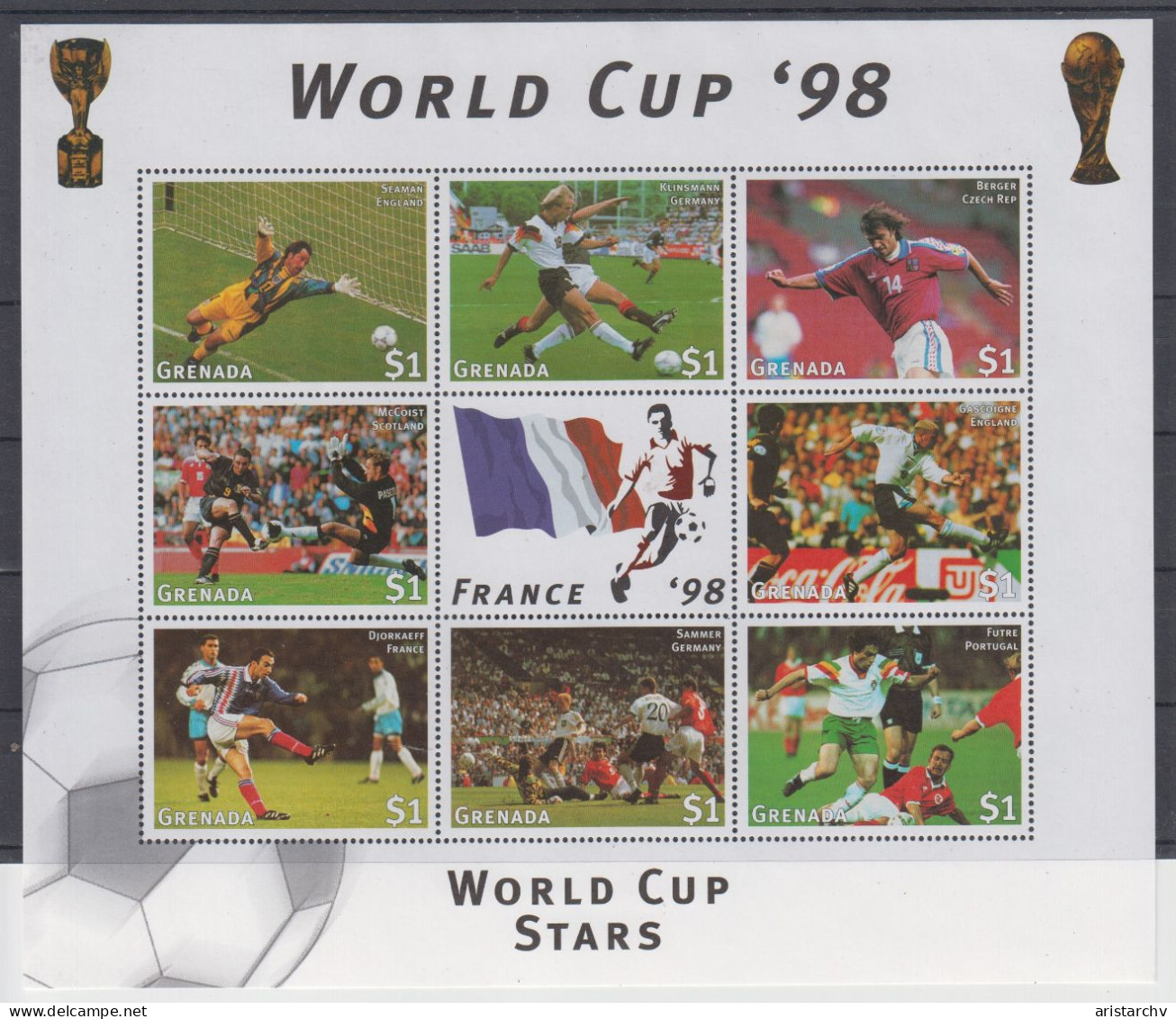 GRENADA 1998 FOOTBALL WORLD CUP 2 S/SHEETS 2 SHEETLETS AND 6 STAMPS - 1998 – France