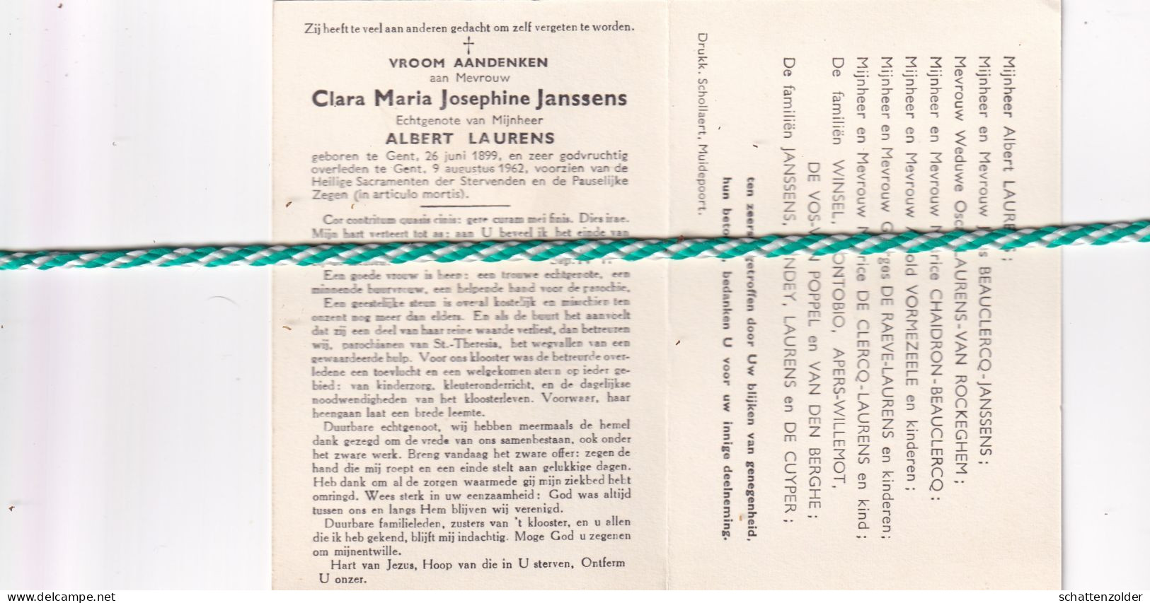 Clara Maria Josephine Janssens-Laurens, Gent 1899, Gent 1962 - Esquela
