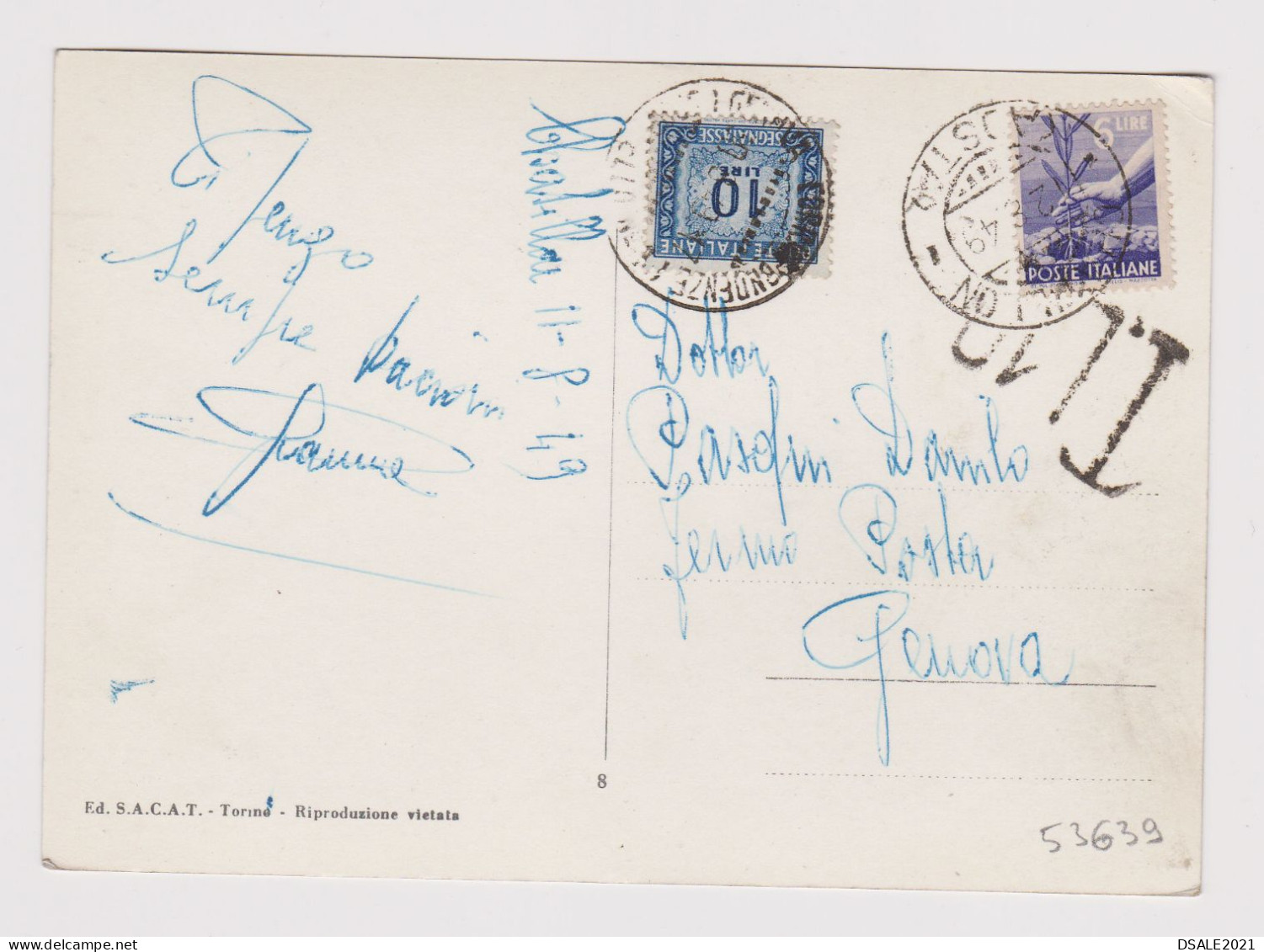 ITALY 1949 Pc W/6Lire Stamp AOSTA To GENOVA Postage Due 10Lire, Postcard St. VINCENT M.575 PIAZZALE DELLA FONTE /53639 - 1946-60: Marcophilia