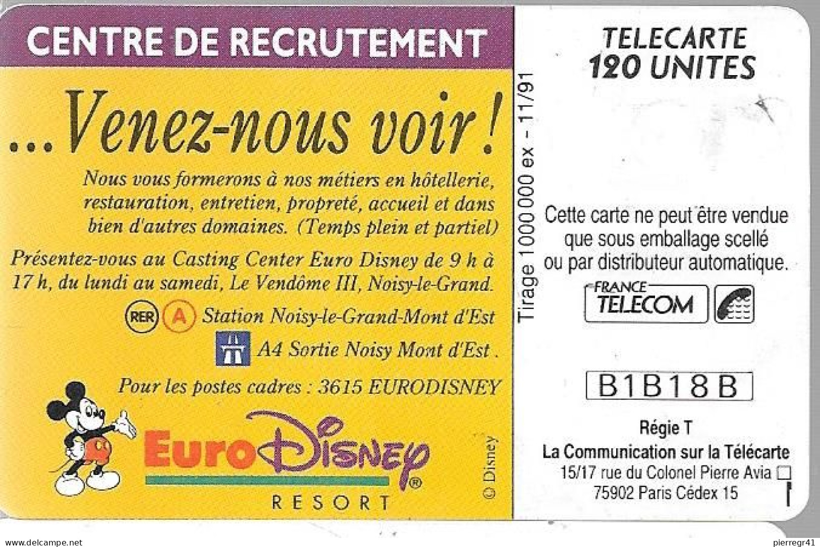 CARTE-PUBLIC-F202-120U-GEM-11/91-MICKEY-EURODISNEY-V° B1B18H-UTILISE-TBE - 1991