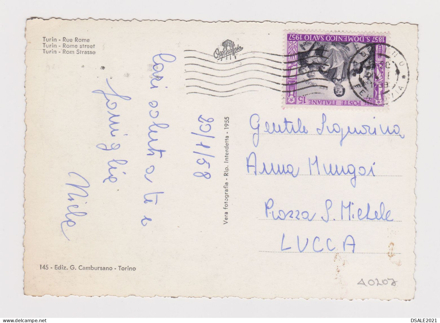 ITALY 1958 Pc W/Mi#1000 (15L) Stamp D.SAVIO Sent To LUCCA, View Postcard TORINO-VIA ROMA With Many Old Car (40207) - 1946-60: Marcofilia