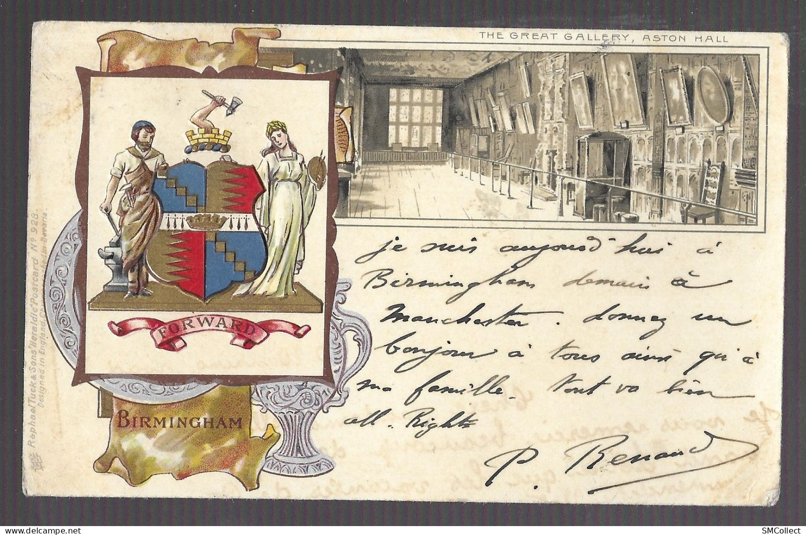 VOIR DESCRIPTION. Birmingham. Forward. The Great Gallery, Aston Hall. Carte Gaufrée (embossed) - (A17p8) - Birmingham