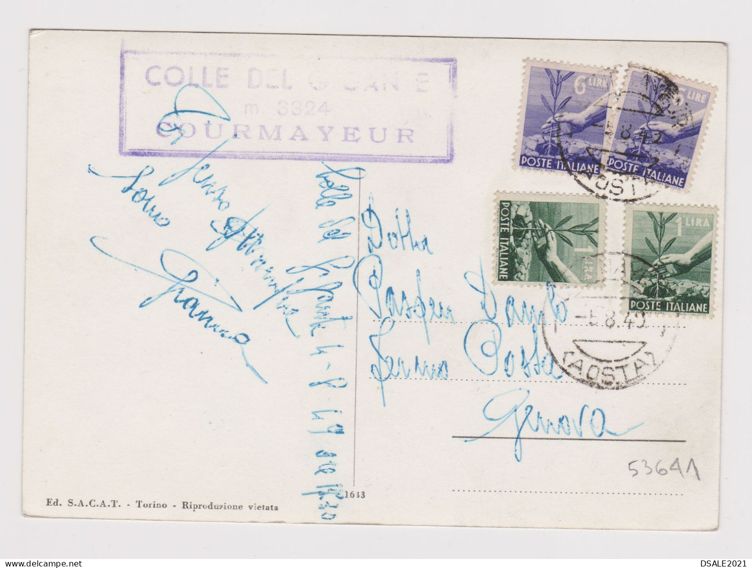 ITALY 1949 Pc With Topic Stamps 2x1Lira, 2x6Lire AOSTA To GENOVA, COLLE DEL GIGANTE M.3324 COURMAYEUR Cachet (53641) - 1946-60: Marcophilia