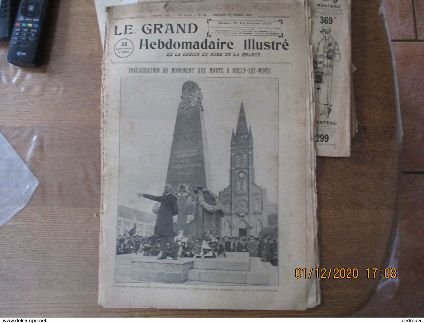 LE GRAND HEBDOMADAIRE ILLUSTRE DE LA REGION DU NORD 19 OCTOBRE 1924 INAUGURATION DU MONUMENT AUX MORTS A BULLY LES MINES - Picardie - Nord-Pas-de-Calais