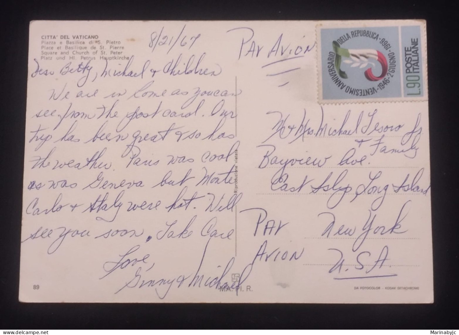 D)1966, ITALY, POSTCARD SENT TO U.S.A, AIR MAIL, WITH STAMP 20TH ANNIVERSARY OF THE REPUBLIC, XF - Unclassified