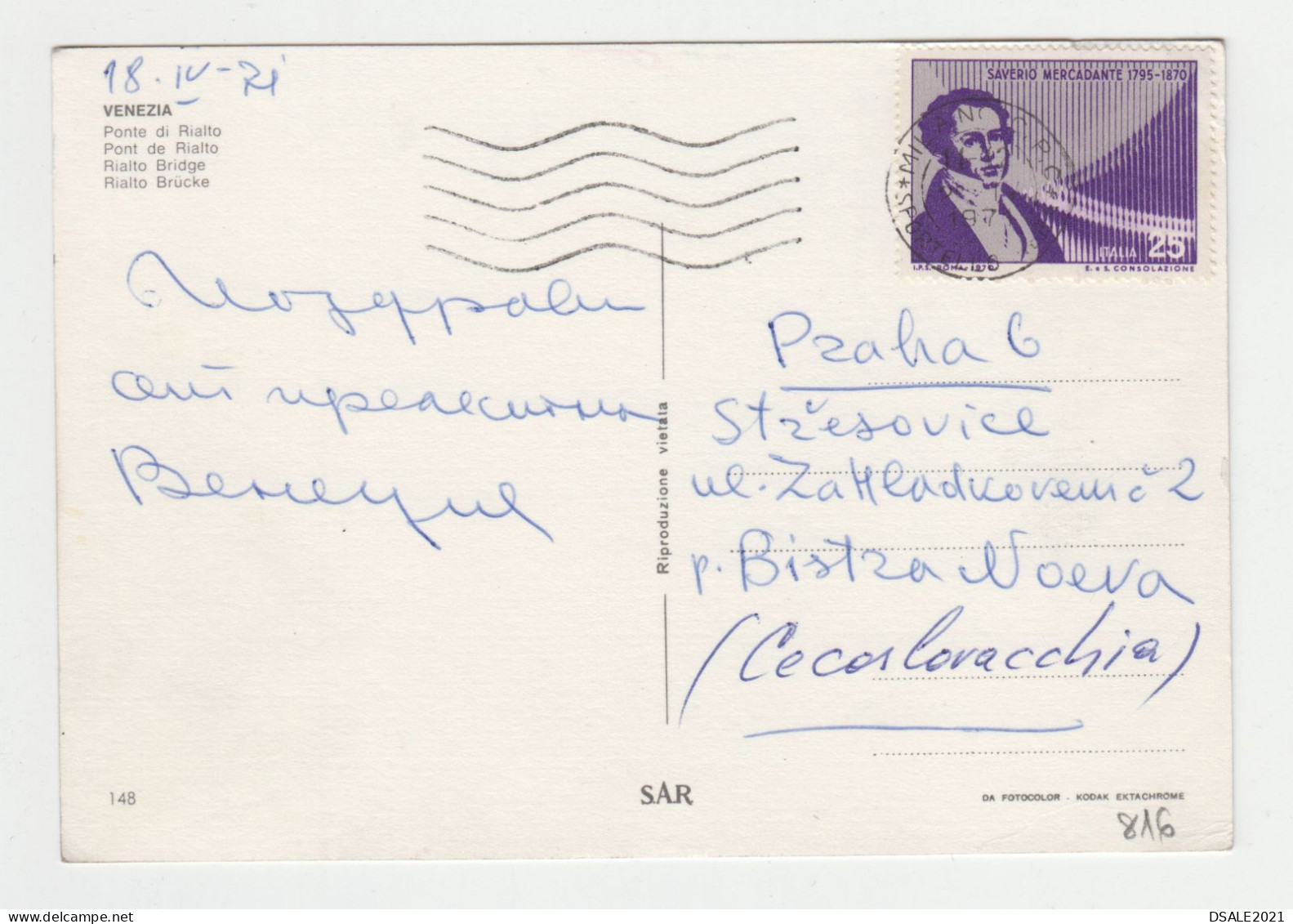 ITALY 1970s Pc With Mi#1330 (25L) Stamp S.MERCADANTE Sent To Czech, View Postcard VENEZIA Ponte Di Rialto (816) - 1971-80: Marcofilia