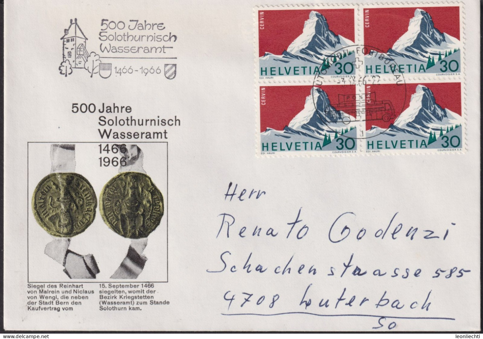 1965 -66 Schweiz° Zum:CH 434,Yt:CH 755, Mi:CH 821, Matterhorn, 500 Jahre Solothurnisches Wasseramt - Brieven En Documenten