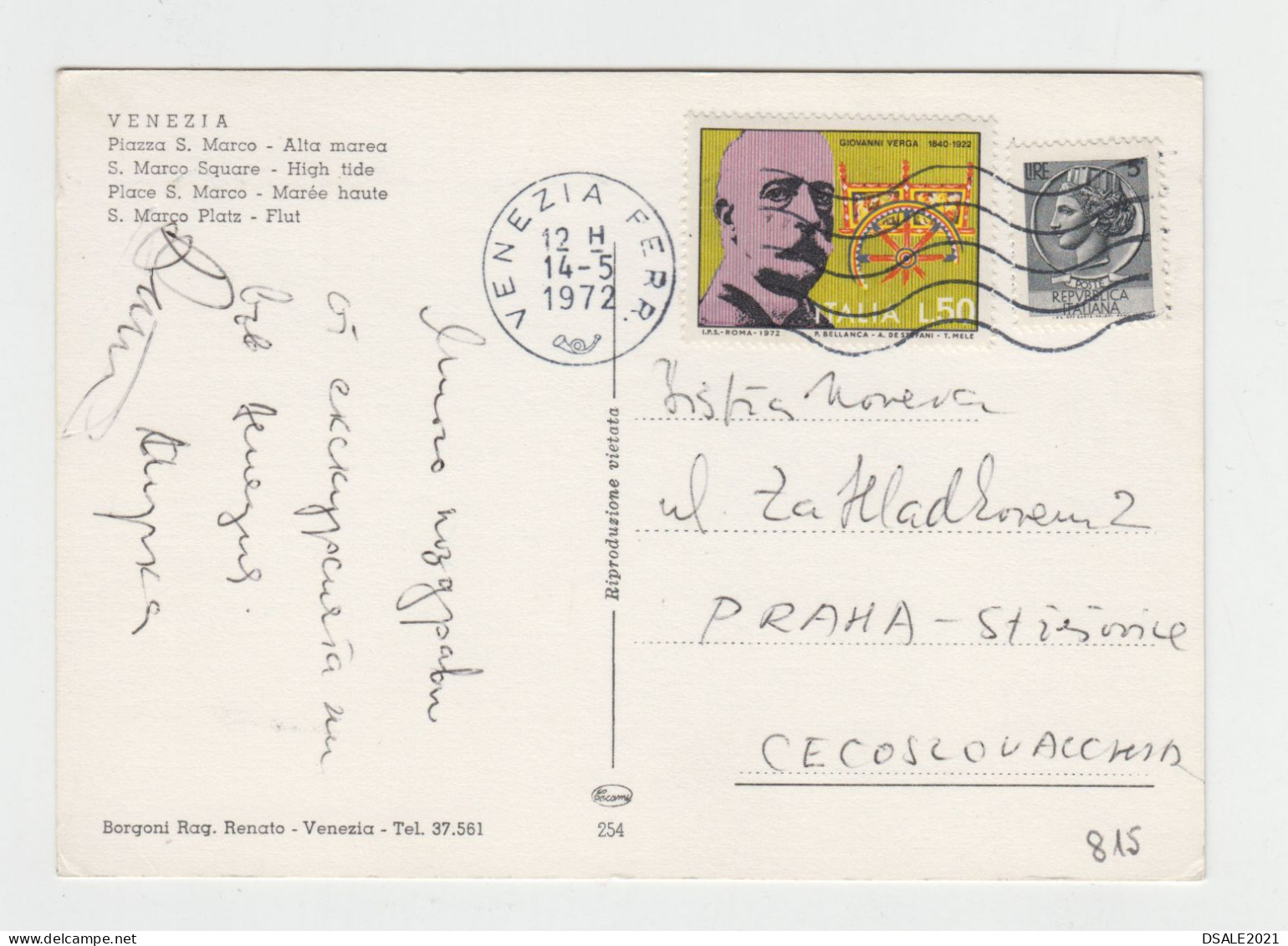 ITALY 1970s Pc With Mi#1357 (50L) Stamp G.VERGA Sent VENEZIA To Czech, Postcard VENEZIA Piazza S.Marco Flooded (815) - 1971-80: Marcophilie