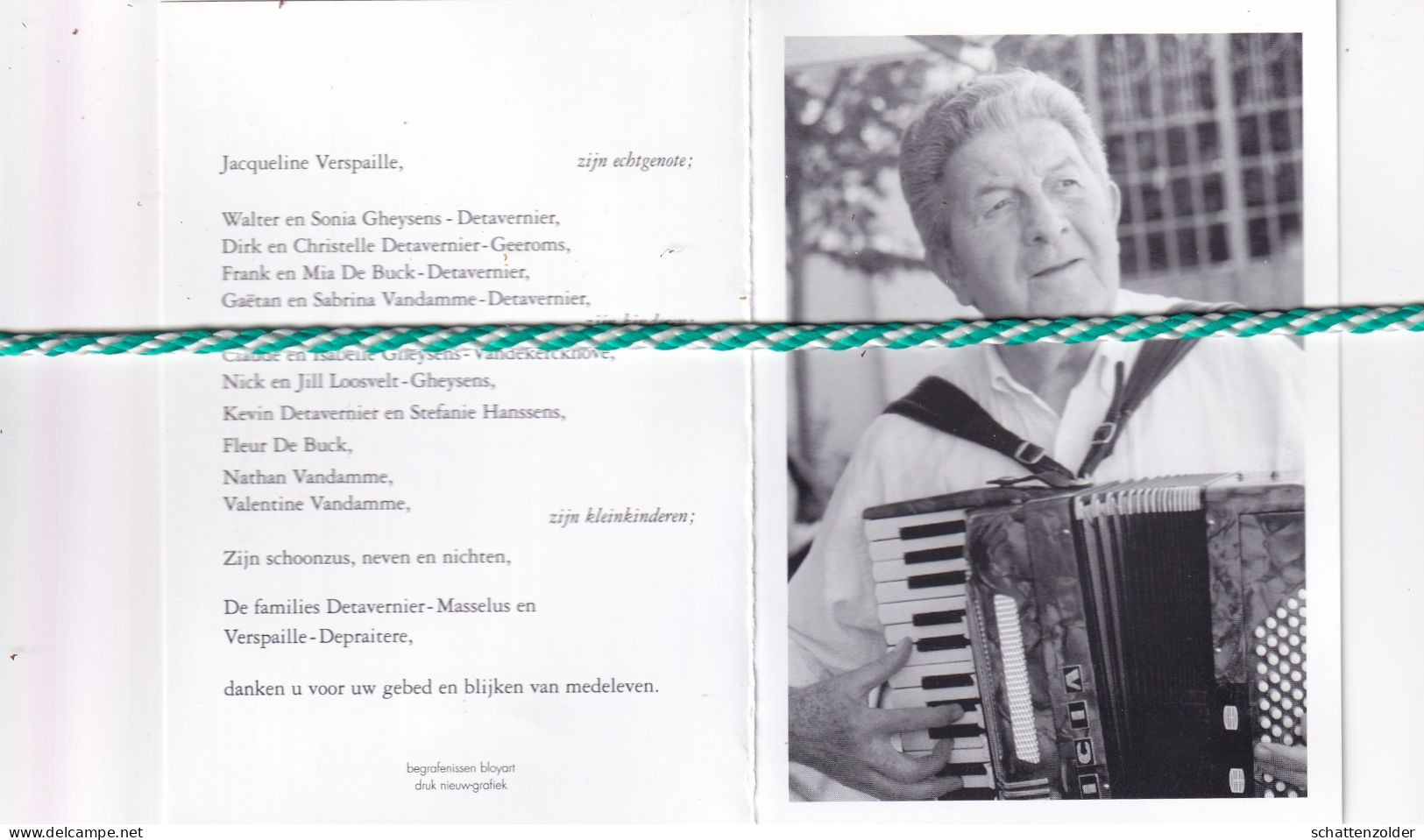 Gustaaf Detavernier-Verspaille, Kortrijk 1926, 2003. Muzikant Accordeonist. Foto - Esquela