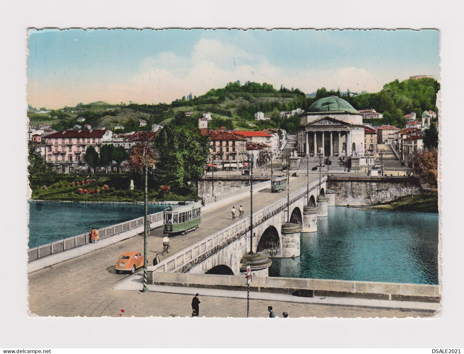 ITALY 1950s Pc W/Mi#973 (25L) EUROPA Stamp Sent TORINO To Bulgaria, Postcard TORINO Ponte Vitt. E. I, Tram, Car (40256) - 1946-60: Storia Postale