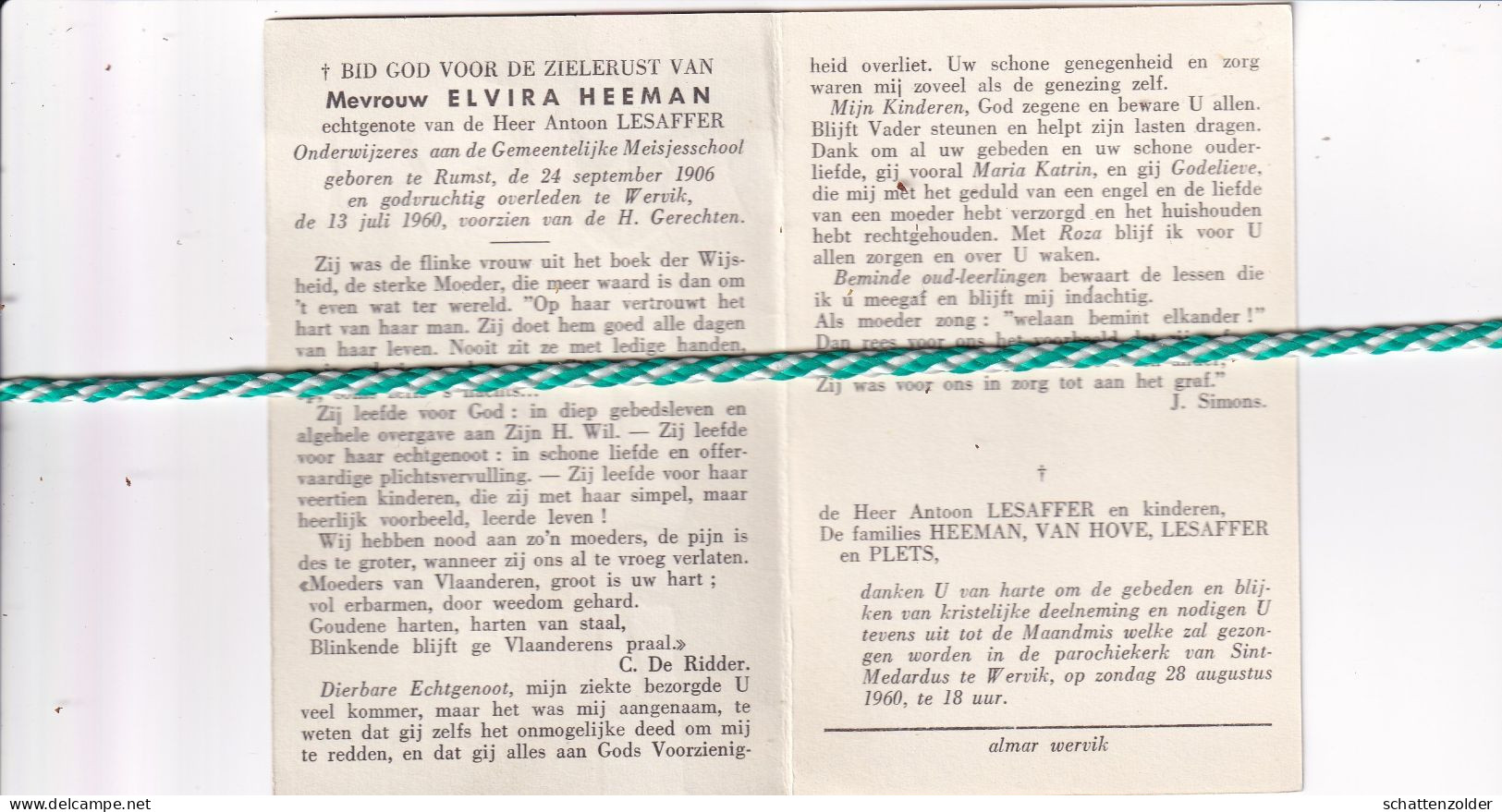 Elvira Heeman-Lesaffer, Rumst 1906, Wervik 1960. Onderwijzeres - Avvisi Di Necrologio