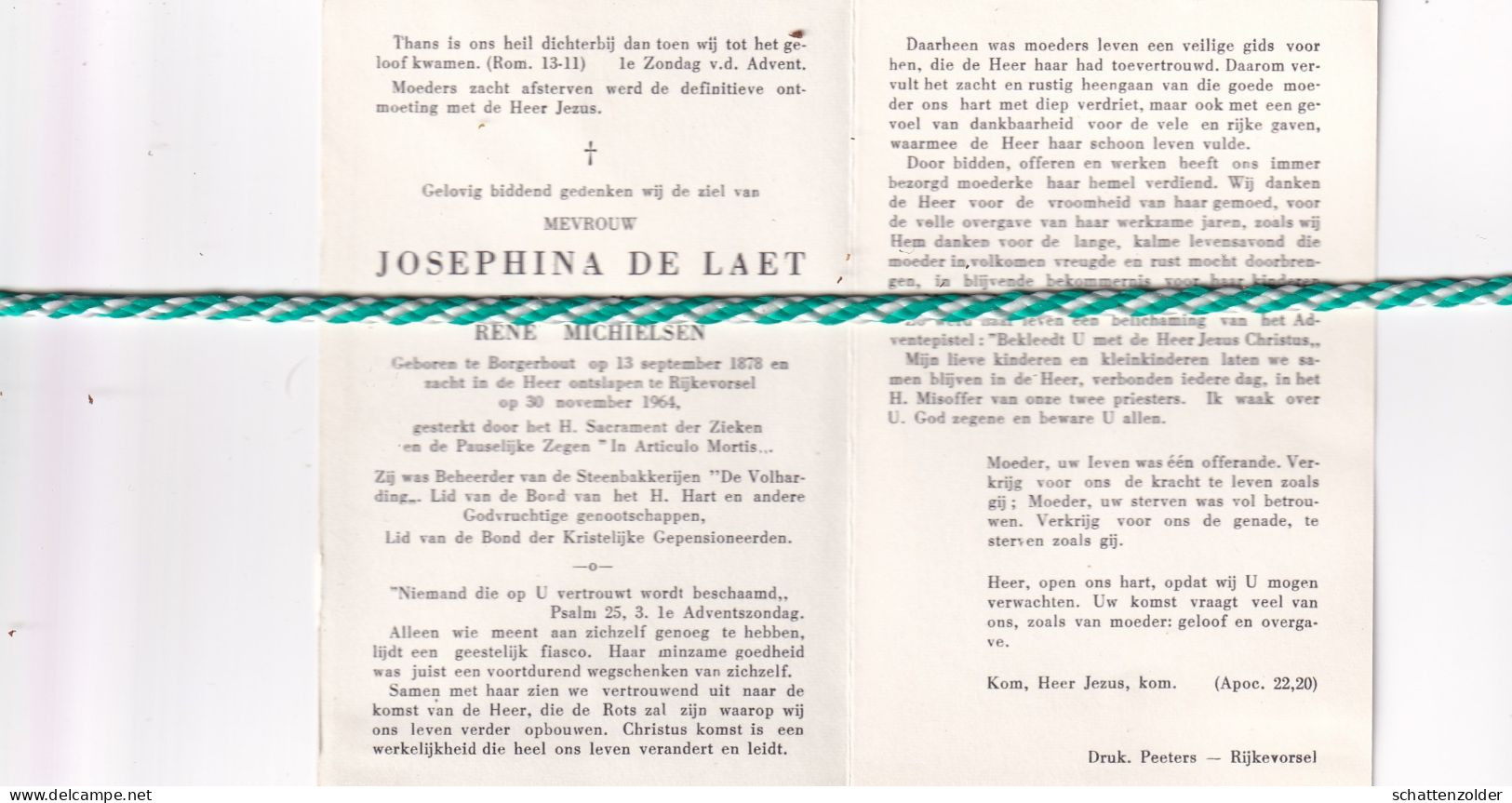 Josephina De Laet-Michielsen, Borgerhout 1878, Rijkevorsel 1964. Beheerster Steenbakkerijen "De Volharding" - Todesanzeige