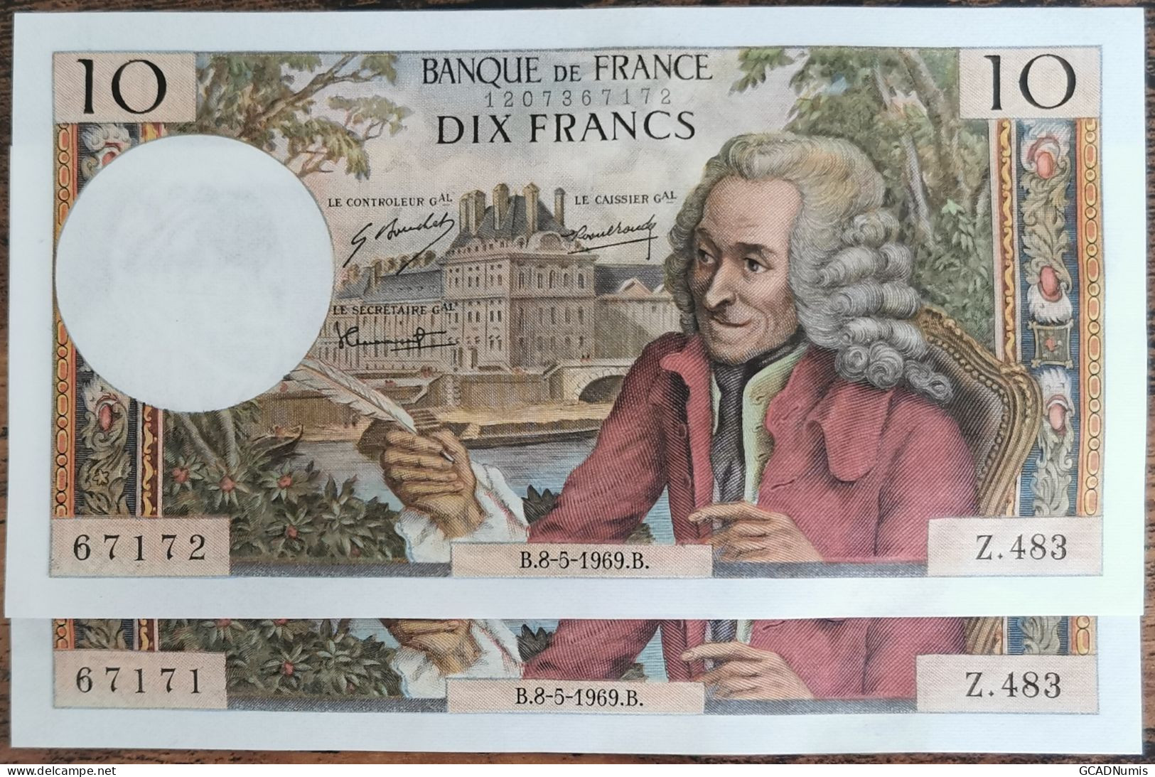 Suite De 2 Billets 10 Francs VOLTAIRE 8 - 5 - 1969 Z.483 Numéros Consécutifs - 10 F 1963-1973 ''Voltaire''