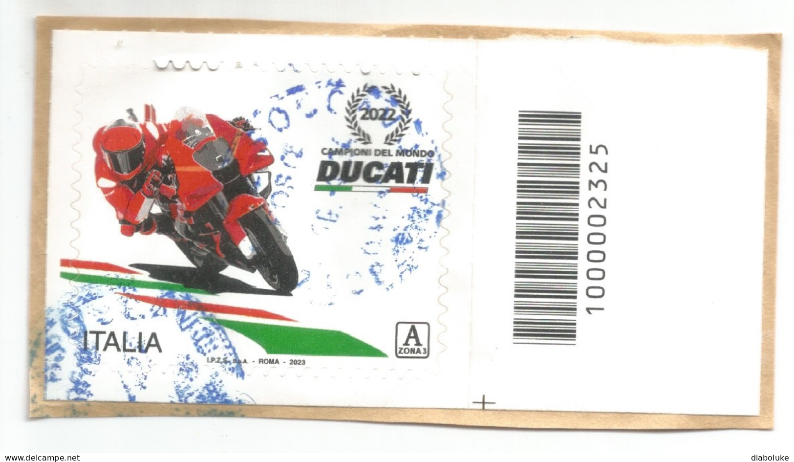 (REPUBBLICA ITALIANA) 2023, DUCATI CAMPIONE DEL MONDO - Francobollo Usato Su Frammento, Codice A Barre - 2021-...: Gebraucht